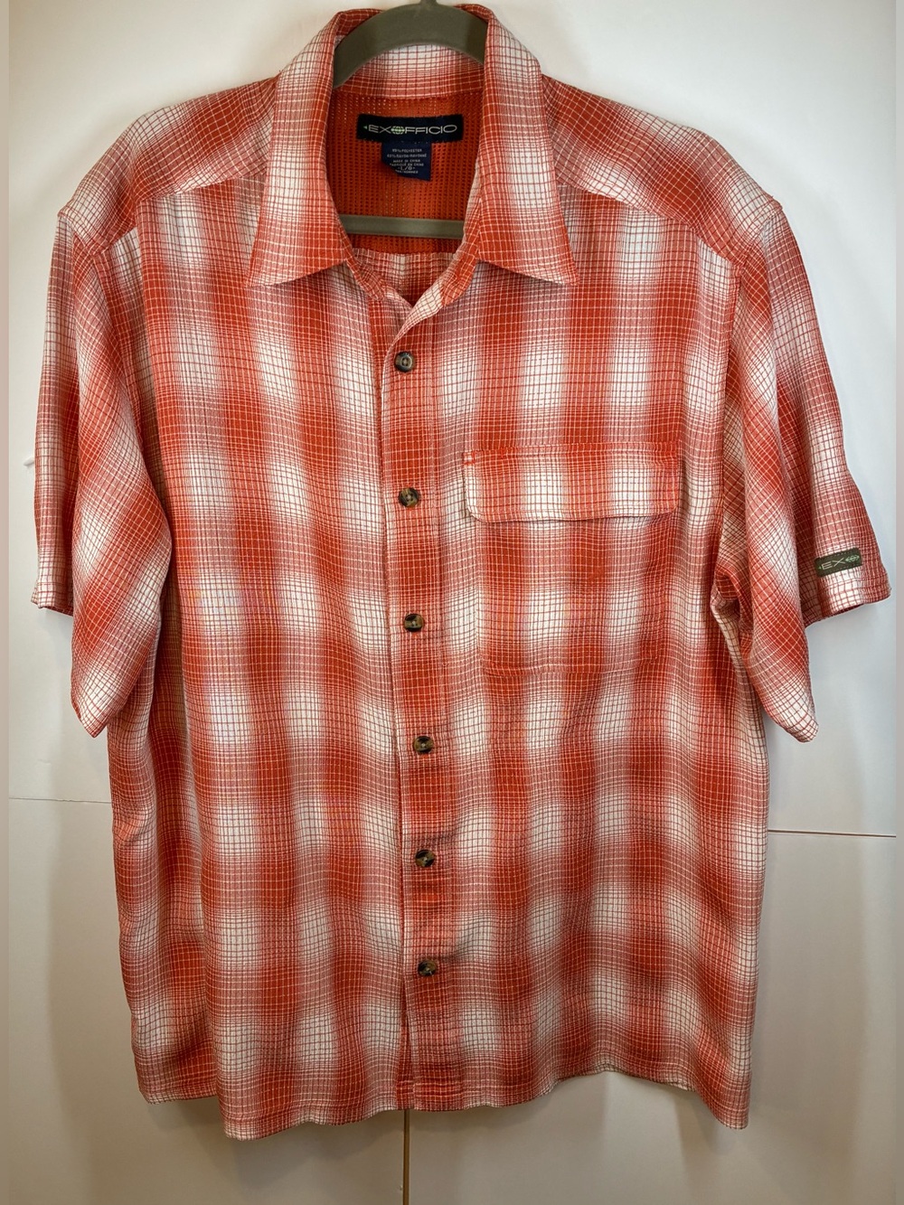 Exofficio Men’s Orange and White Plaid Short-Sleeve Button-Down Shirt Size Large